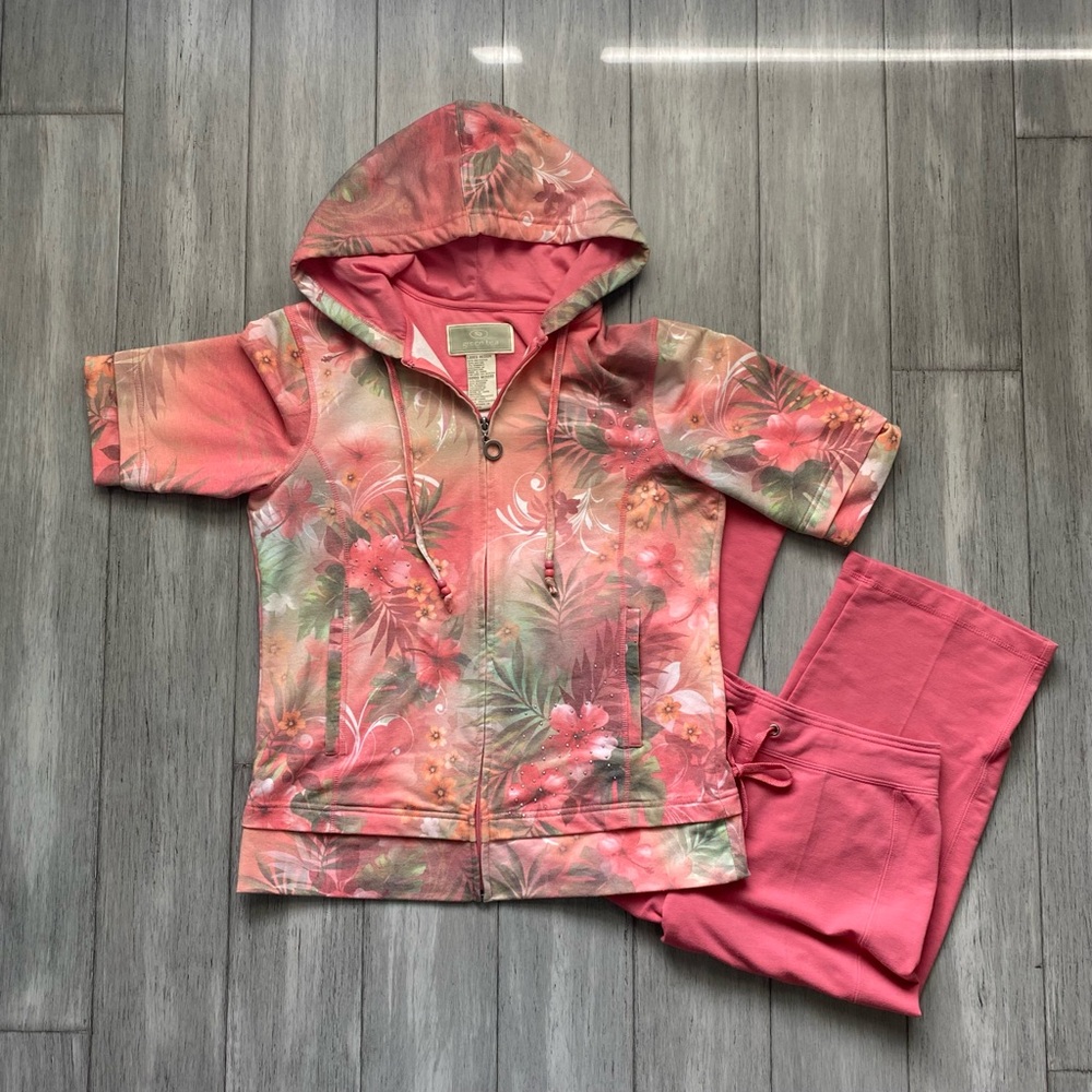 green tea womens floral tropical coral pink hoodie rhinestone pants capris set